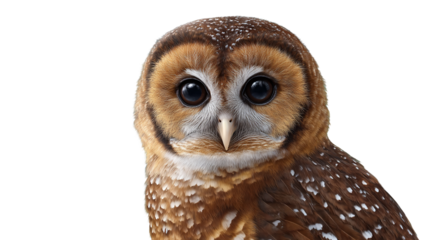 Close up portrait of a brown owl with large dark eyes and white speckles on its feathers isolate