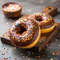 Two chocolate frosted donuts with sprinkles on a wooden cutting board
