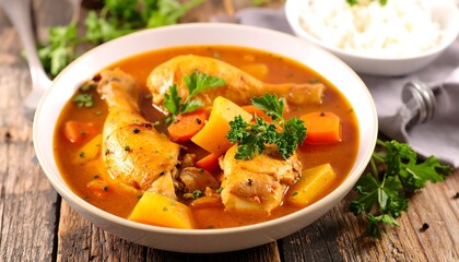 Hearty chicken and vegetable stew in a white bowl
