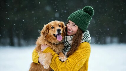 Young woman hugging golden retriever dog in snowy winter forest - Powered by Adobe