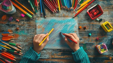 Child's hands drawing with colored pencils on a wooden table filled with art supplies
