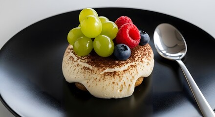 Delicious dessert with fresh fruit and cocoa powder on a black plate
