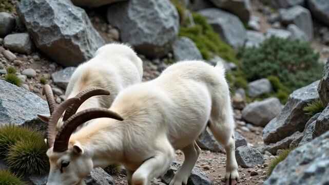 Majestic mountain goats traverse rocky terrain, embodying resilience, freedom, and the untamed spirit of the wilderness filmed in natural habitat