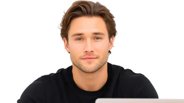 Young Caucasian man with light brown hair blue eyes wearing black looking at camera isolate