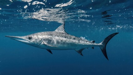 A marauding marlin swims in deep blue water