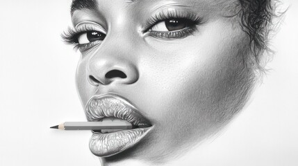 Close-up grayscale portrait of a woman,  detailed shading and realistic features, with a pencil