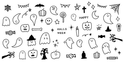 ハロウィン　手書き　イラスト　素材　ベクター　セット　黒