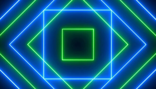 Concentric blue and green glowing neon squares - Powered by Adobe