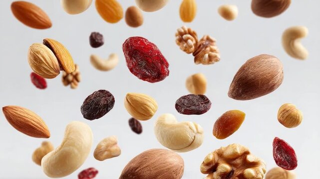 Nut Mix in Free Fall: An assortment of nuts and dried fruits suspended mid-air, each element captured in exquisite detail. The dynamic composition showcases the natural beauty and textural contrasts.
