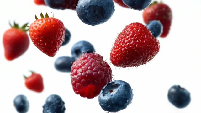 Berry Symphony: A vibrant display of freshly harvested strawberries, blueberries, and raspberries in freefall, creating a dynamic and eye-catching arrangement against a simple background. 