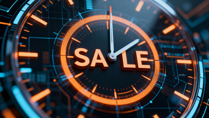 Digital clock with glowing orange 'SALE' text on a futuristic interface
