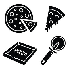 Iconographic set of pizza elements including whole pizza slice pizza box and pizza cutter silhouette
