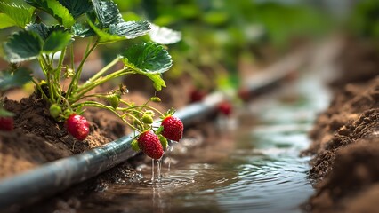 A close-up of a strawberry plant with ripe strawberries growing in a field