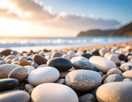 Close-up of colorful stones on a beach at sunrise - Powered by Adobe