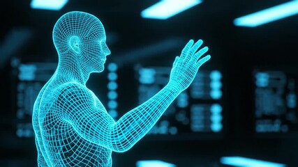 Glowing Blue Digital Human Avatar Navigates a Futuristic User Interface in a High-Tech Environment - Powered by Adobe