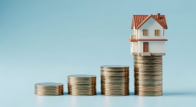 Conceptual representation of real estate investment growth and increasing property value over time, depicted by a miniature house atop ascending stacks of coins against a clean blue background