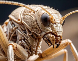 Intricate close-up of a beige insect's face