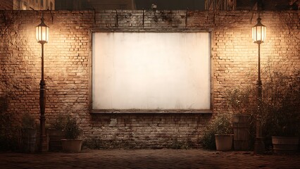 An empty board in a vintage setting lit by street lights, ready for your message. The board is set in front of a classic brick wall