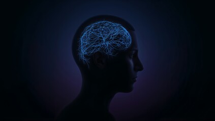 Obraz premium Mind's Eye: A person's silhouette profile shows the intricate details of a glowing brain, highlighting the power of the mind and the beauty of human thought.