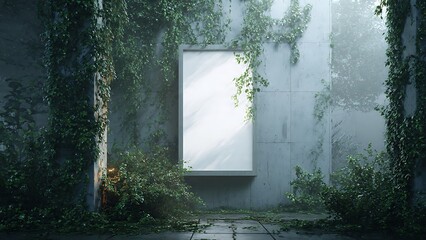 An overgrown blank billboard, symbolizing urban decay and nature's reclaim. The billboard, surrounded by thriving green plants, evokes a sense of the environment