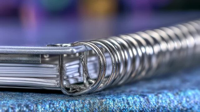 Closeup medium shot of spiral binding on a notebook with sharp focus showcasing metal coil detail while the background blurs softly.