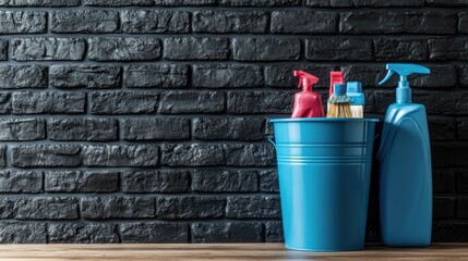 Blue cleaning bucket with various supplies against dark brick wall