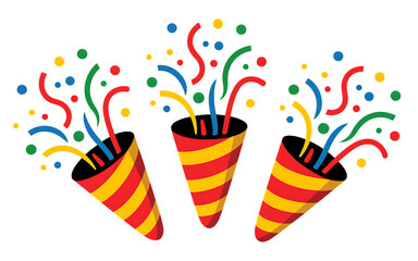 Obraz premium Exploding party poppers with colorful confetti streams festive celebration fun isolated on transparent background