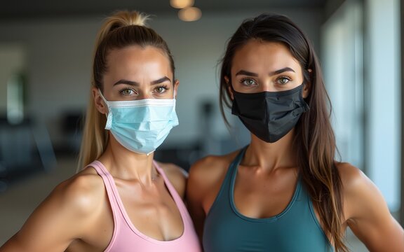 Two fitness females wearing face masks. High quality