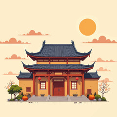 Fototapeta premium Traditional Asian Temple in Autumnal Serenity with Pumpkins