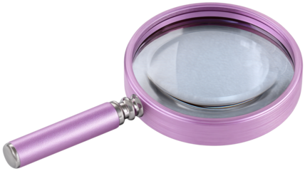 Close up of a pink magnifying glass with a metallic handle and lens isolate