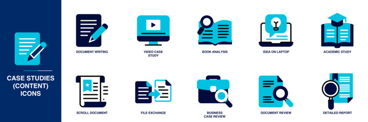 Case Studies (Content) Building Blue Colored Outline Icon Set
