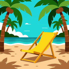 Obraz premium Tropical Beach Serenity: Yellow Lounger, Palm Trees, Turquoise Sea