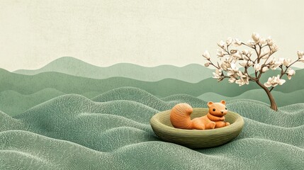 A stylized squirrel nestled in a bowl, amidst a serene landscape of muted greens and white blossoms