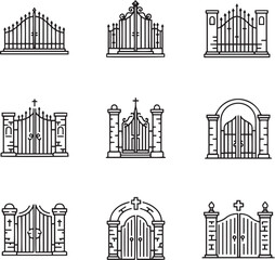 A collection of nine distinct black and white line art illustrations showcasing various gates and archways.