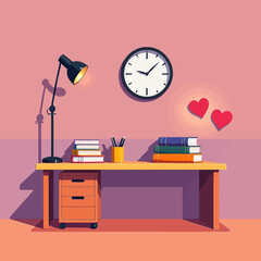 Warm Study Corner with Books and Hearts