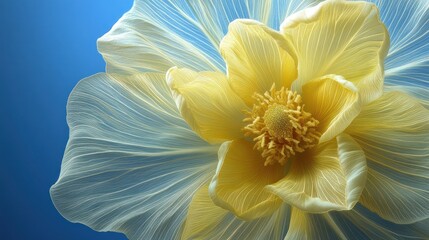 Close-up of a vibrant, light yellow flower with translucent, pale blue petals, set against a vivid blue backdrop
