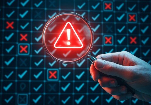 Cybersecurity Warning Alert Under Magnifying Glass with Error Signs. - Powered by Adobe