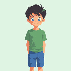 Young Boy in Green Shirt and Blue Shorts Smiling Happily