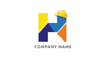 A flat vector abstract letter H construction logo with safety helmet on top