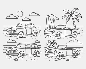 Vintage Cars at the Beach Line Art Illustration Retro Convertible Car Line Art – Summer Beach Scene Drawing