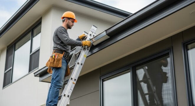 Man on ladder inspecting house gutter with safety helmet and tool belt on modern home exterior view