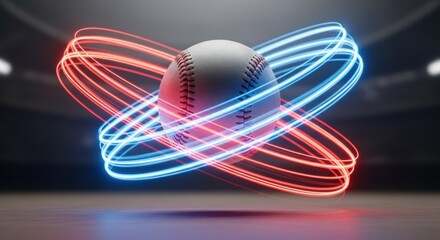 A baseball with red and blue light trails swirling around it in a dark stadium background setting scene