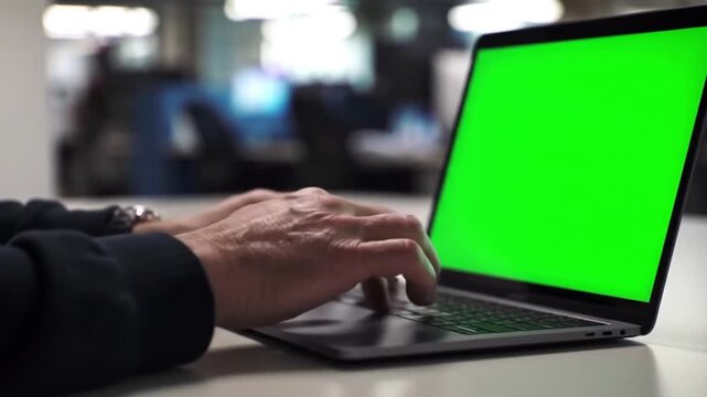 Man typing on laptop with green screen, working on project.