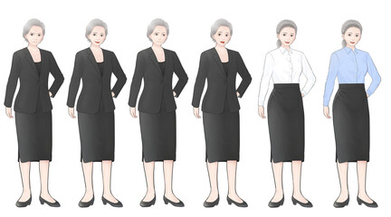 Fototapeta premium 黒い服を着た白髪年配女性の表情セットイラスト