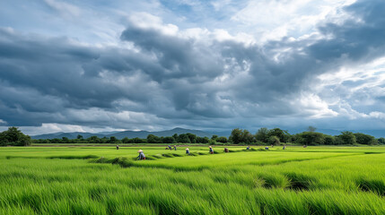 Fototapeta premium Lush Green Rice Field with Workers and Storm Clouds..