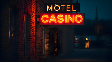 Glowing Motel Casino Neon Sign on Brick Building at Night