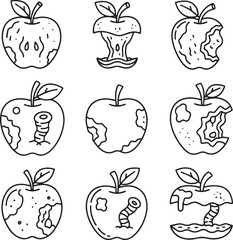  This grid showcases nine distinct black and white outline illustrations of apples, each depicting a different condition or stage.
