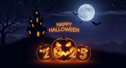 A spooky halloween night with pumpkins and a haunted house in 2025