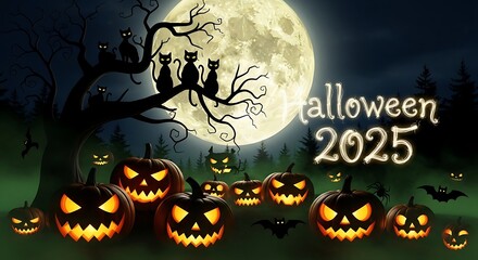 Halloween 2025 scene with pumpkins, cats, and a full moon at night