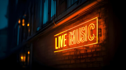 Obraz premium Glowing Neon Sign Displaying Live Music on Brick Wall at Night
